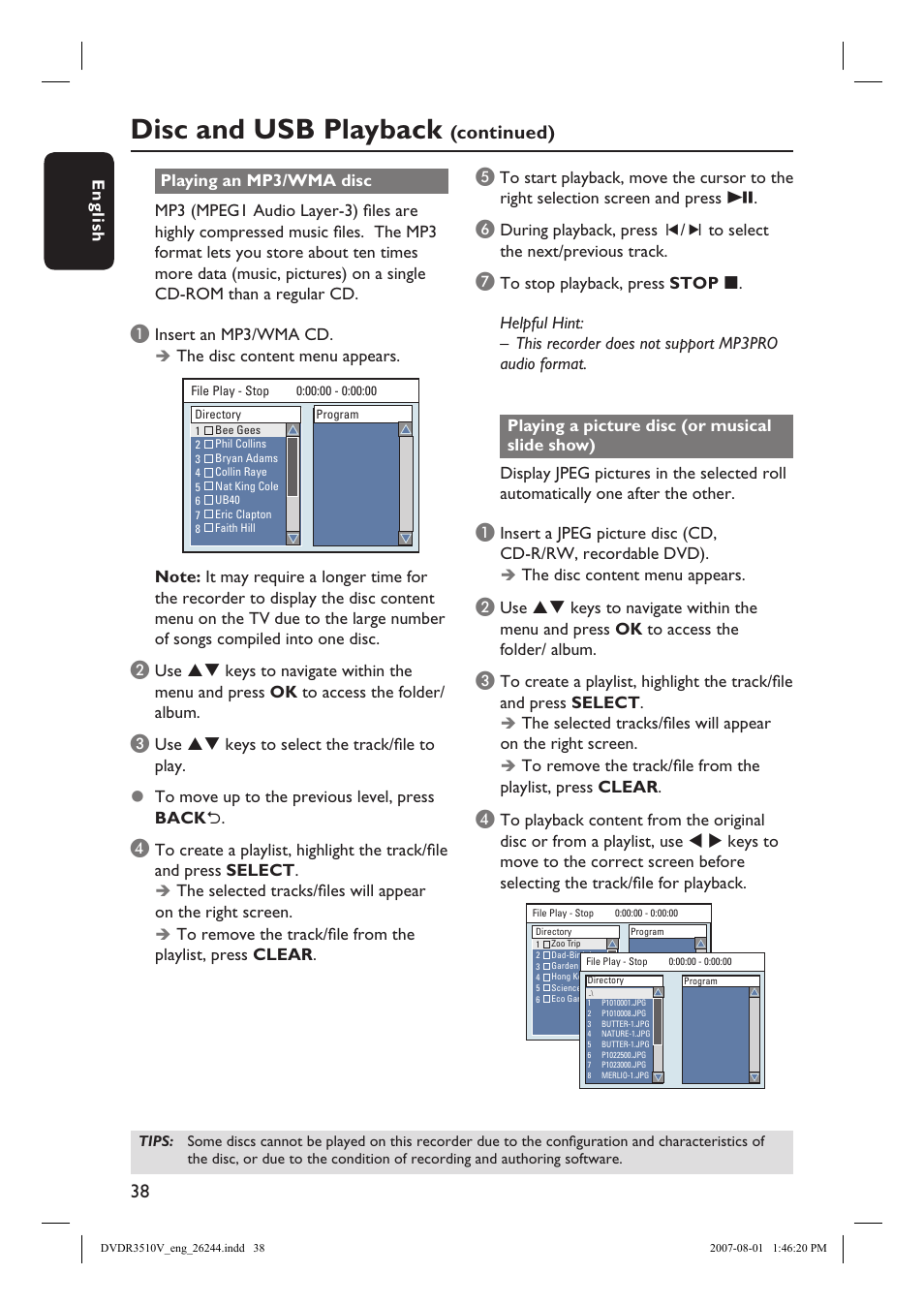 Disc and usb playback, Continued) | Philips DVDR3512V User Manual | Page 38 / 74