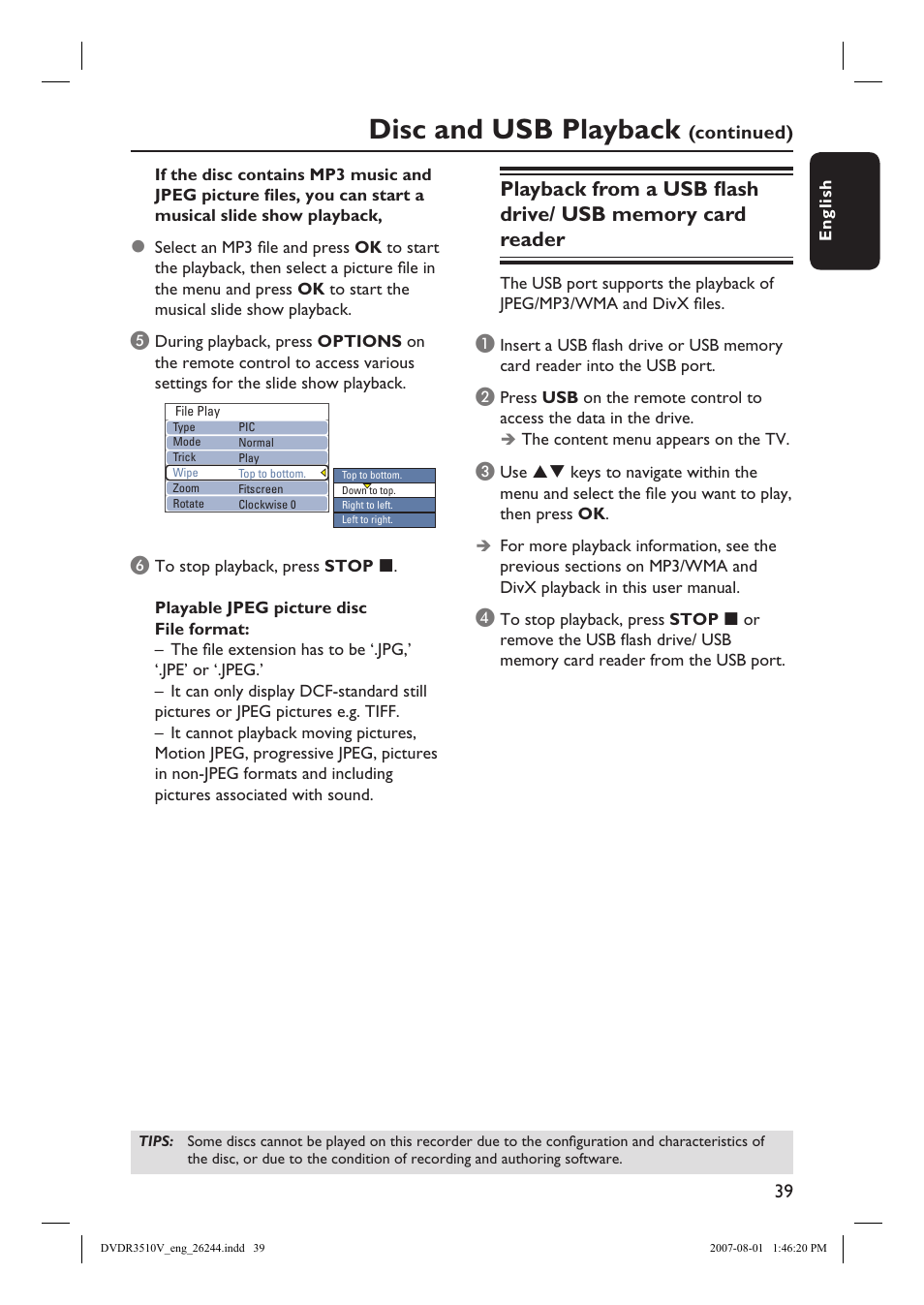 Disc and usb playback | Philips DVDR3512V User Manual | Page 39 / 74