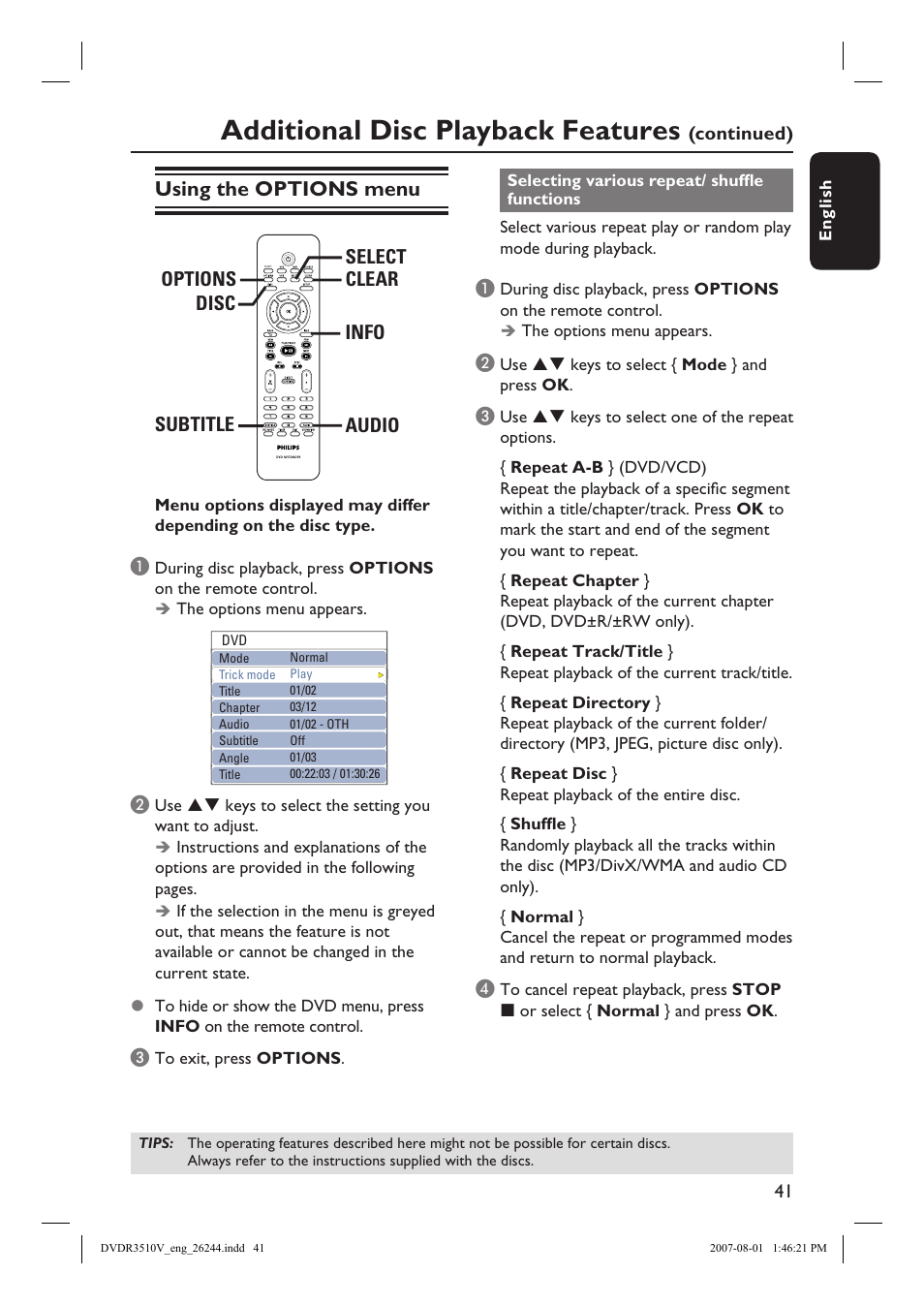 Additional disc playback features, Using the options menu | Philips DVDR3512V User Manual | Page 41 / 74