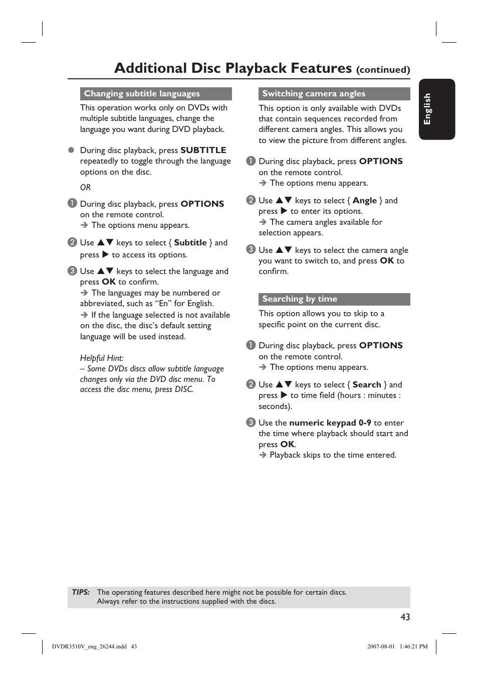 Additional disc playback features | Philips DVDR3512V User Manual | Page 43 / 74