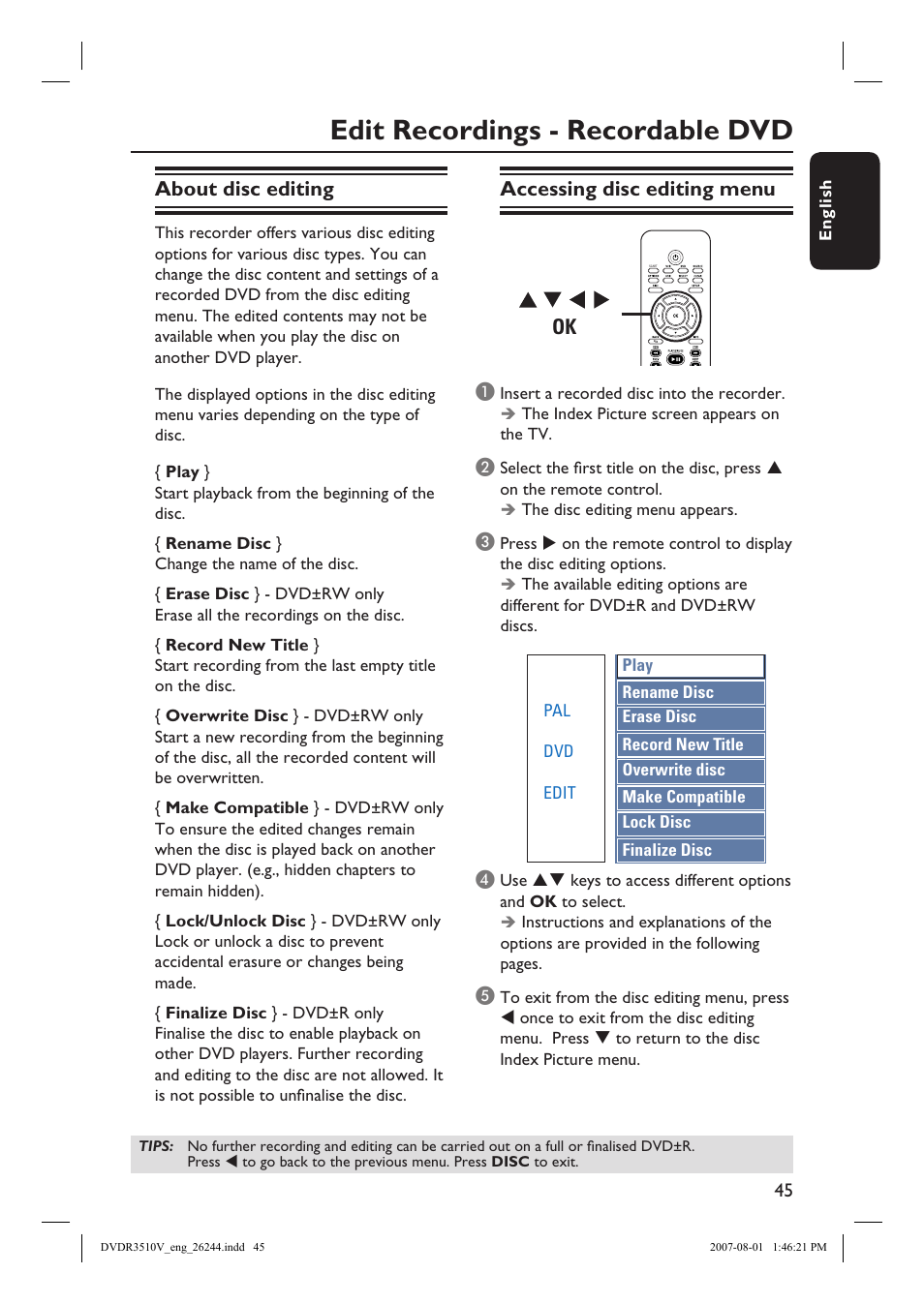 Edit recordings - recordable dvd, About disc editing, Accessing disc editing menu ok | Philips DVDR3512V User Manual | Page 45 / 74
