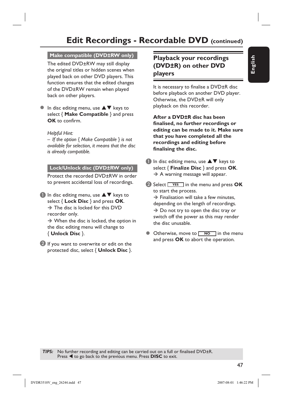 Edit recordings - recordable dvd | Philips DVDR3512V User Manual | Page 47 / 74
