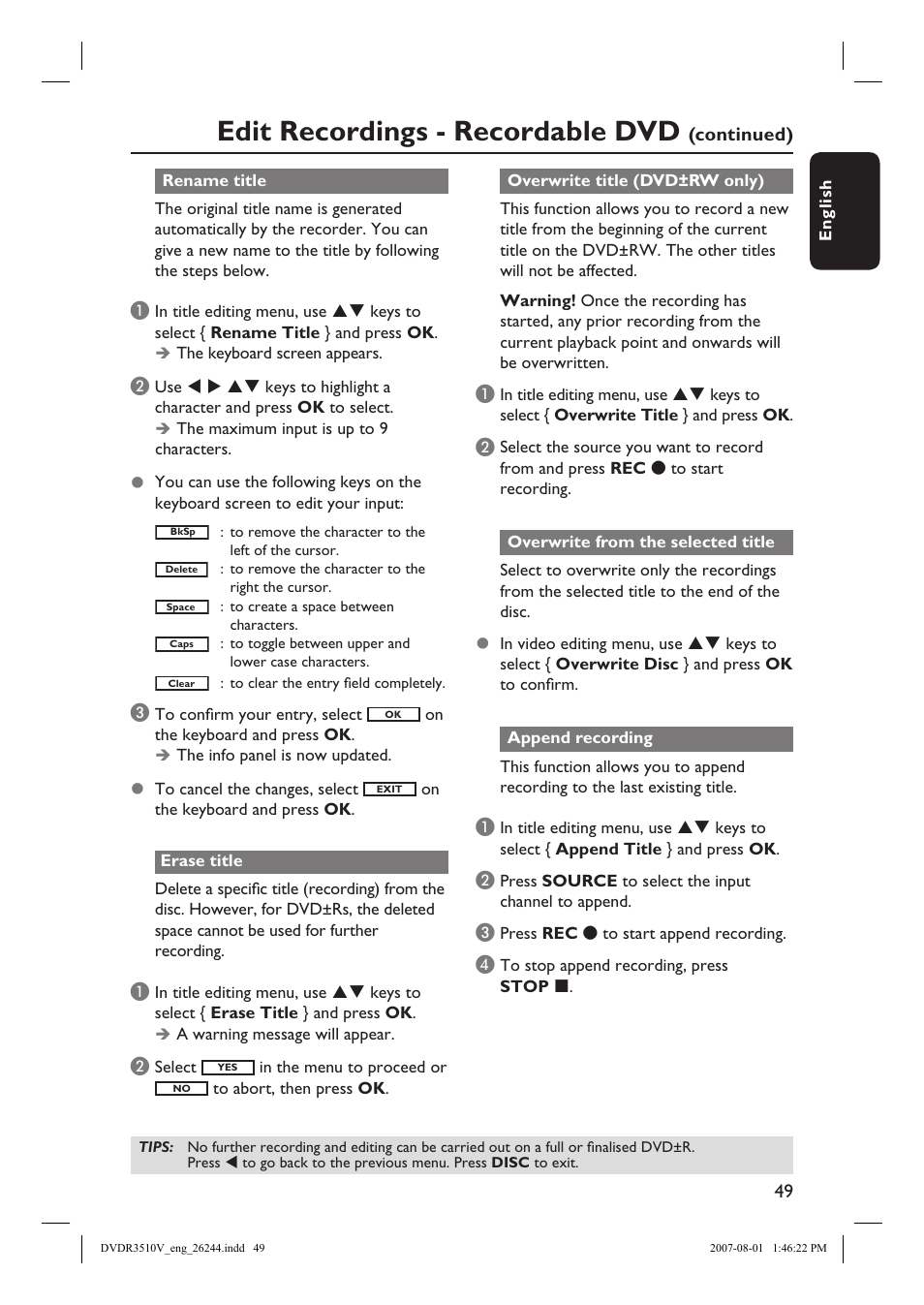 Edit recordings - recordable dvd | Philips DVDR3512V User Manual | Page 49 / 74