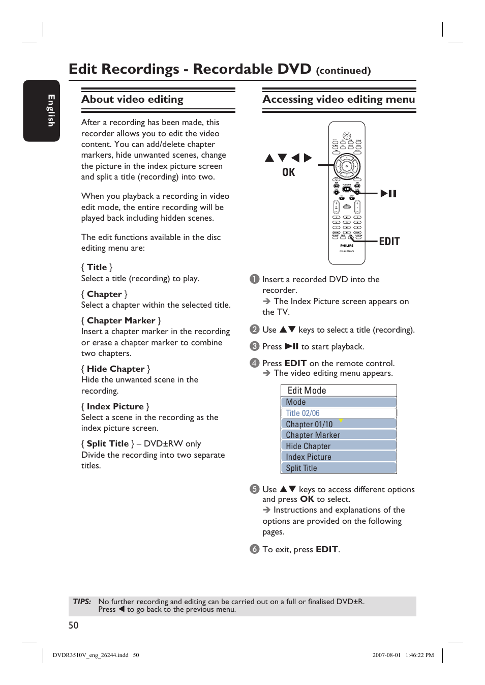 Edit recordings - recordable dvd, About video editing, Accessing video editing menu edit ok | Philips DVDR3512V User Manual | Page 50 / 74