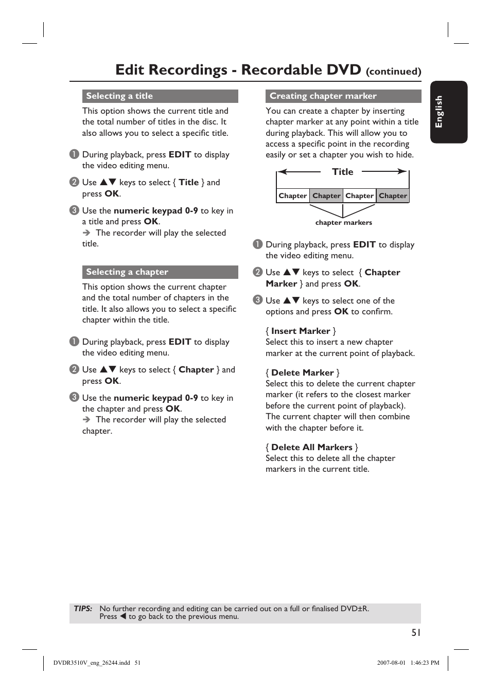 Edit recordings - recordable dvd | Philips DVDR3512V User Manual | Page 51 / 74