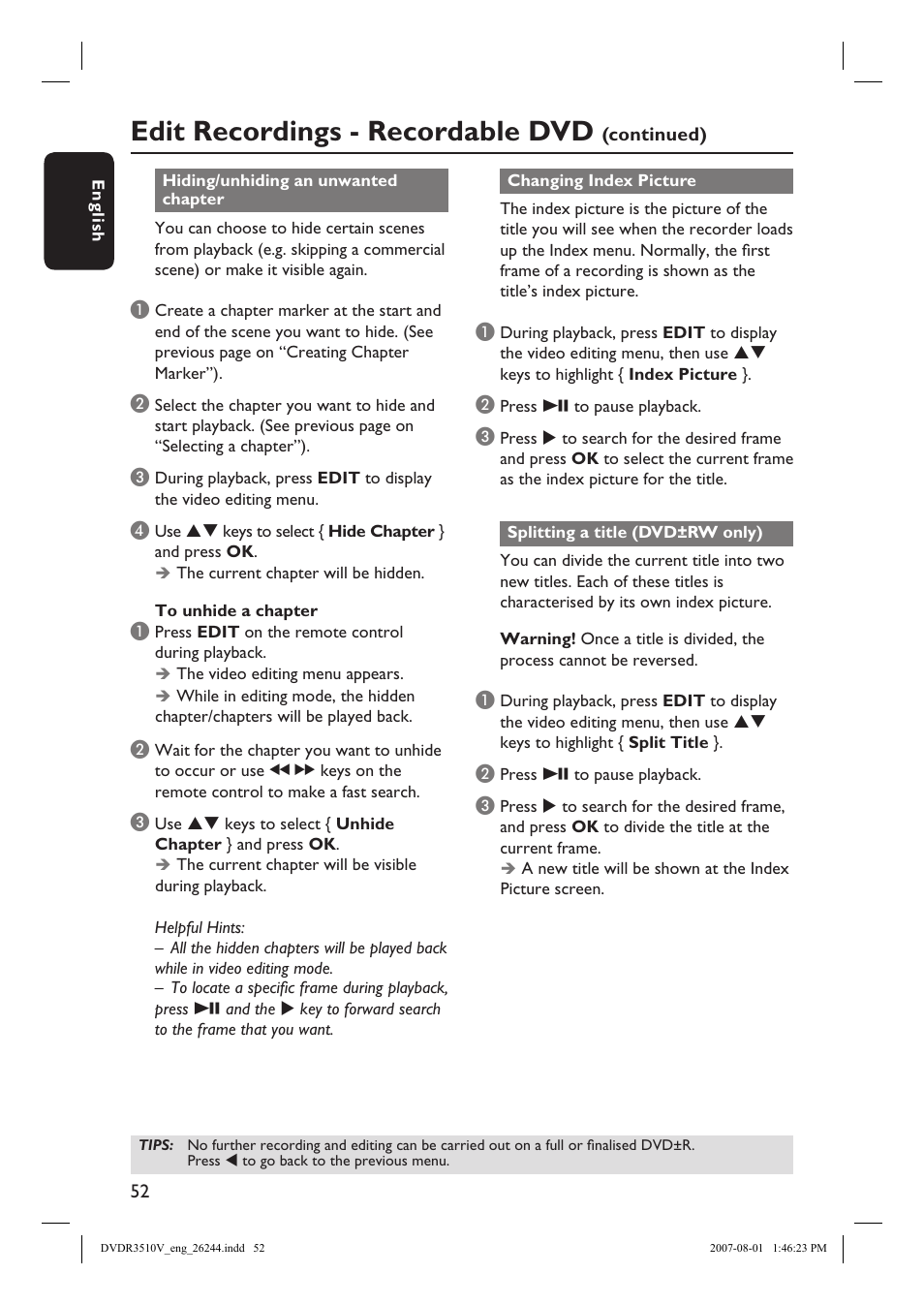 Edit recordings - recordable dvd | Philips DVDR3512V User Manual | Page 52 / 74