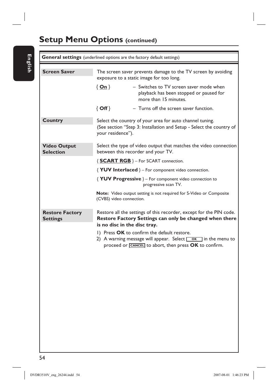 Setup menu options | Philips DVDR3512V User Manual | Page 54 / 74