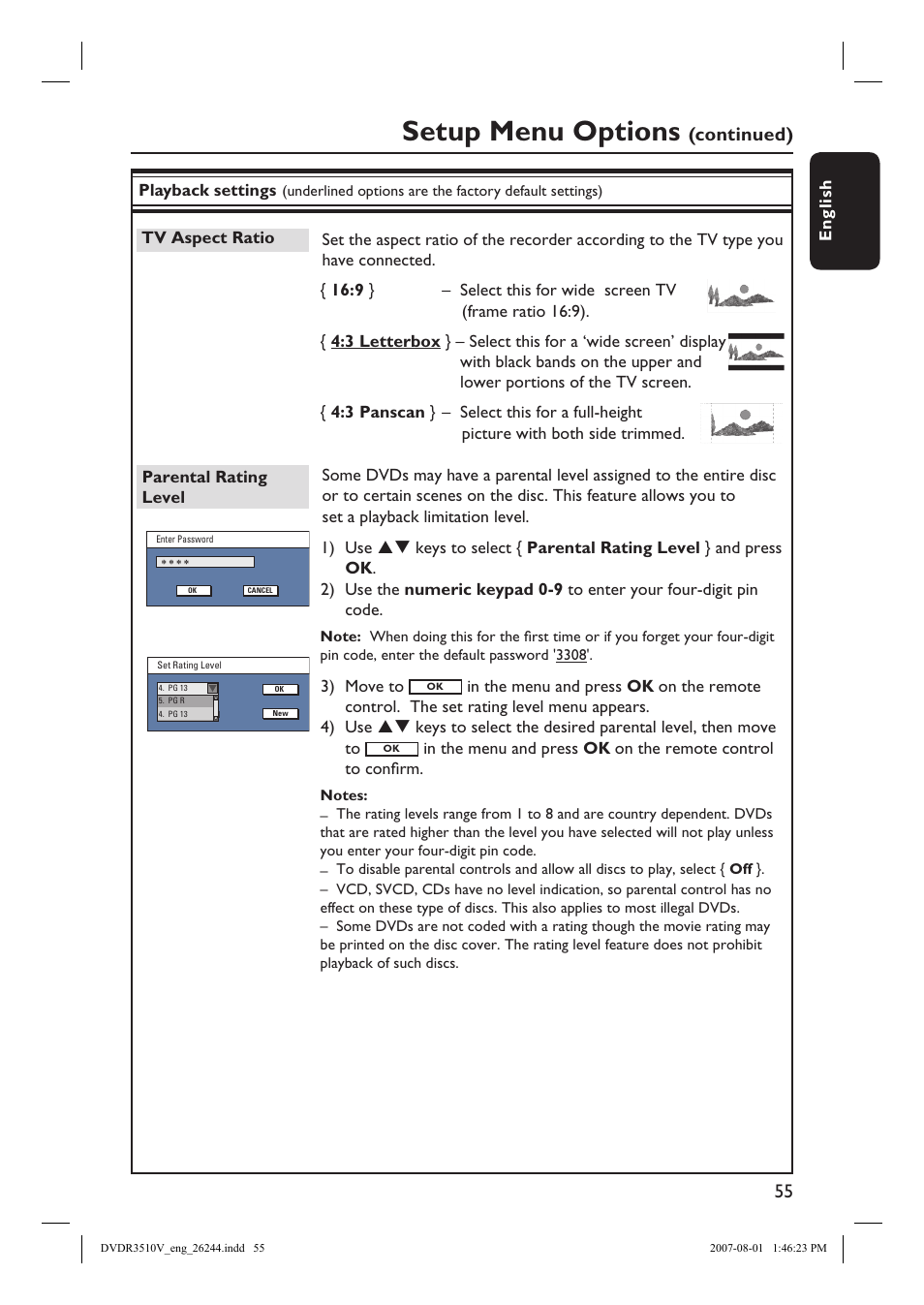 Setup menu options, Continued) | Philips DVDR3512V User Manual | Page 55 / 74