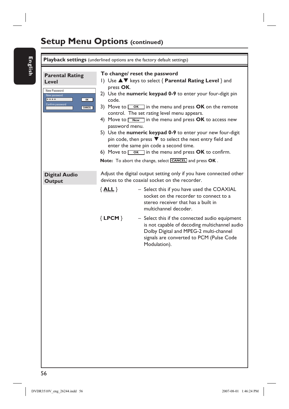 Setup menu options, Continued) | Philips DVDR3512V User Manual | Page 56 / 74