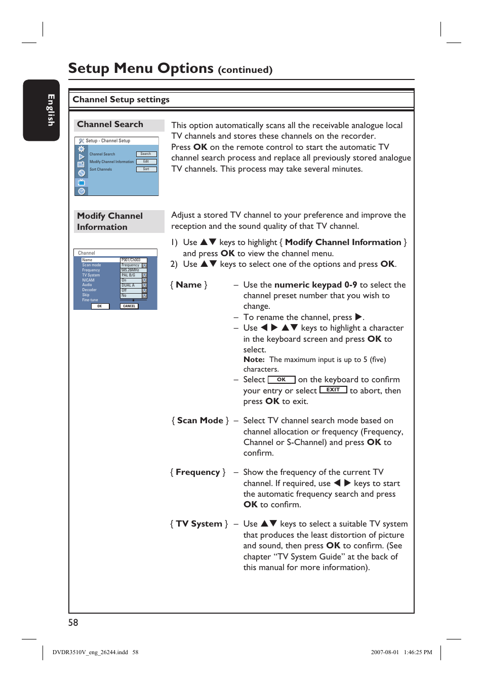 Setup menu options, Continued), English | Channel setup settings, Select, On the keyboard to confi rm your entry or select | Philips DVDR3512V User Manual | Page 58 / 74