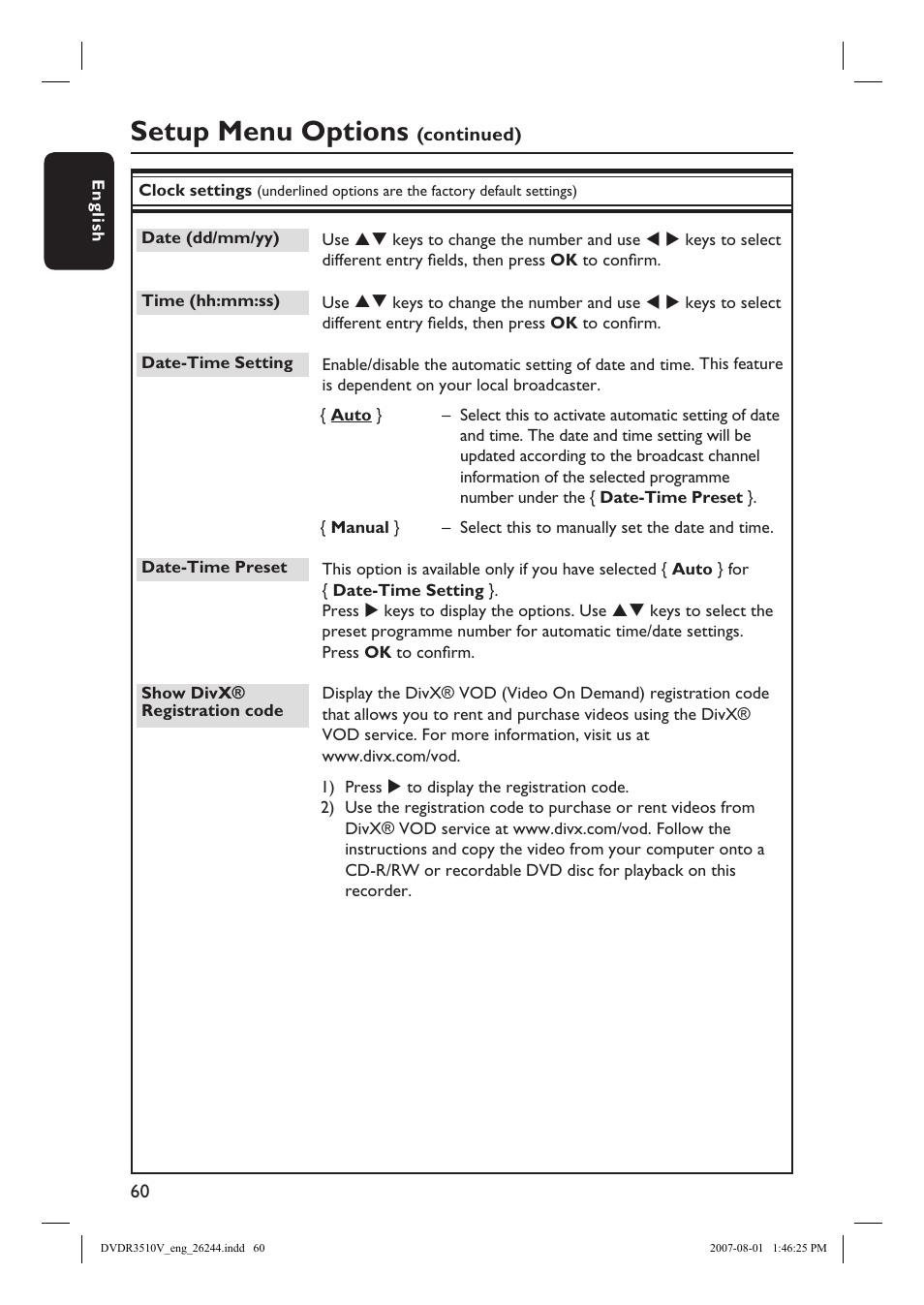 Setup menu options | Philips DVDR3512V User Manual | Page 60 / 74
