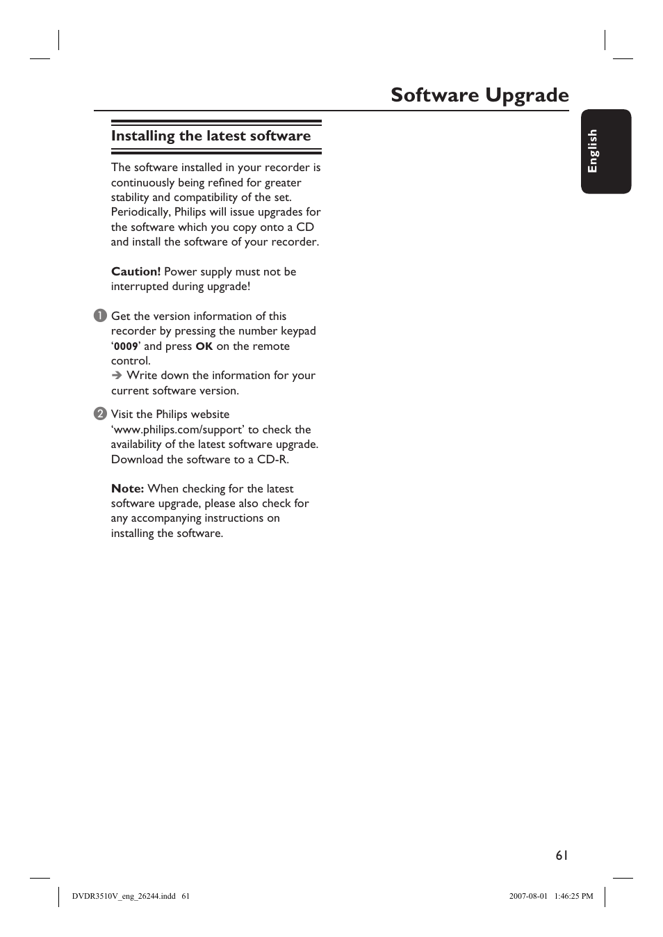 Software upgrade, Installing the latest software | Philips DVDR3512V User Manual | Page 61 / 74