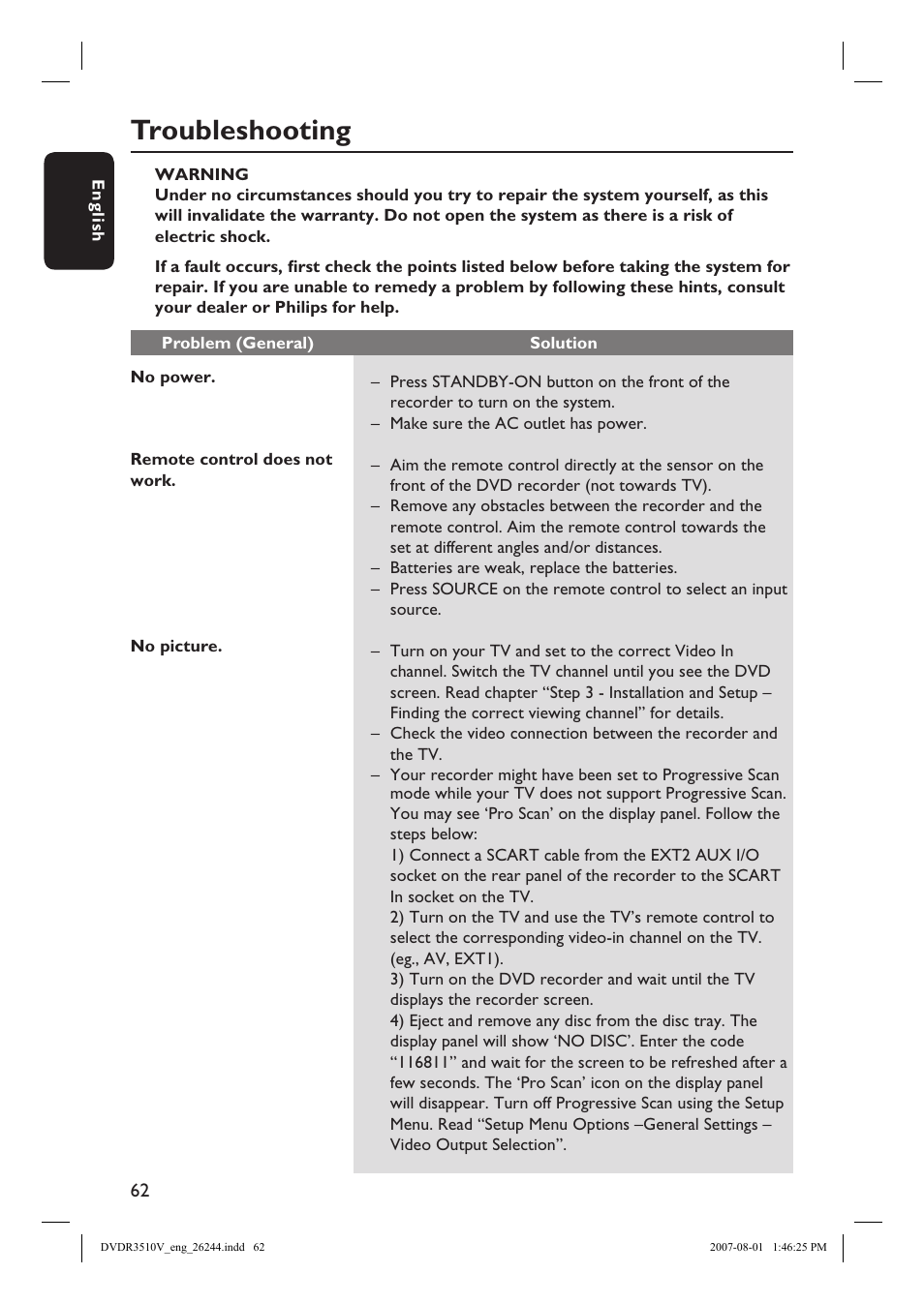 Troubleshooting | Philips DVDR3512V User Manual | Page 62 / 74