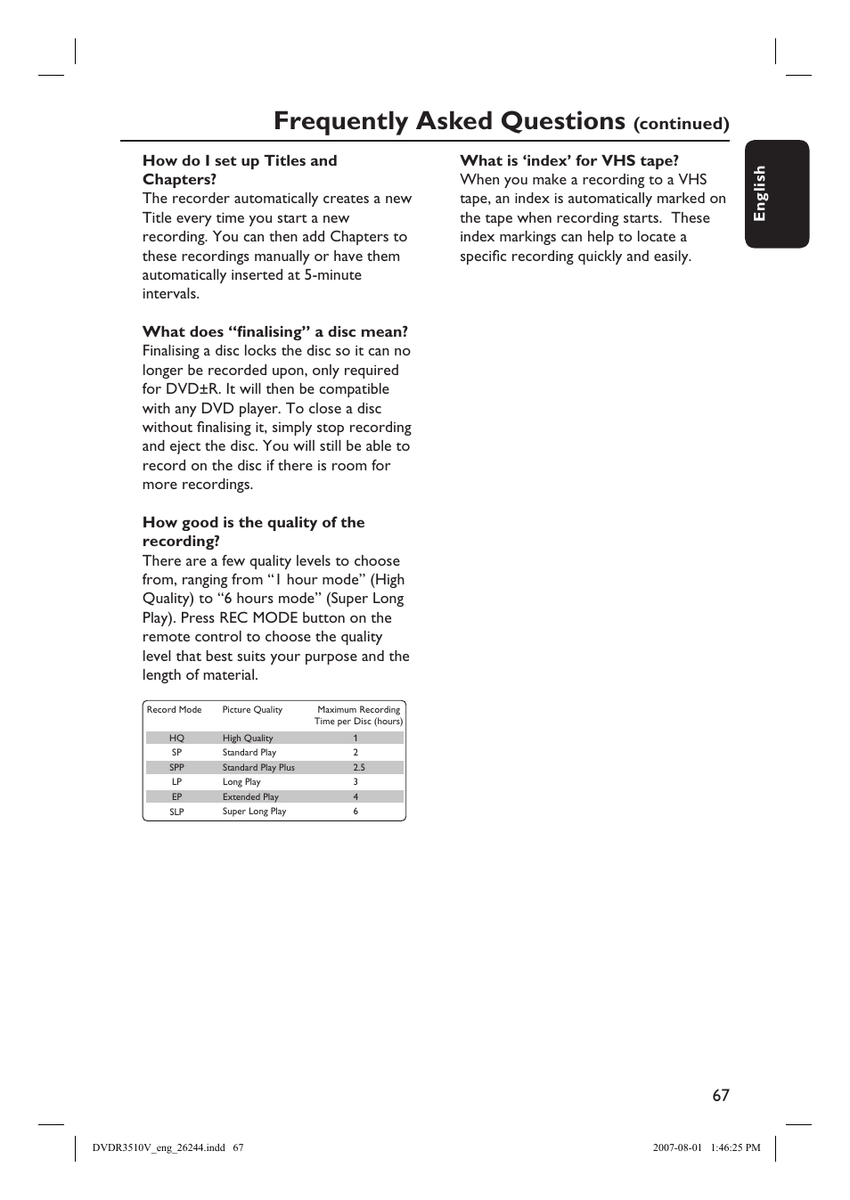 Frequently asked questions, Continued), English | Philips DVDR3512V User Manual | Page 67 / 74