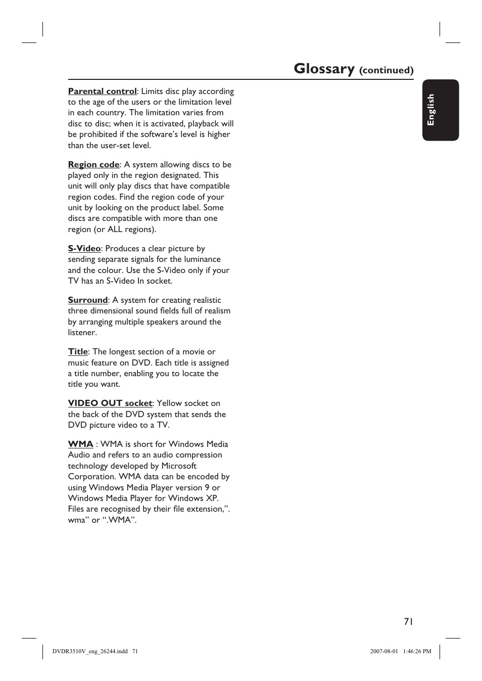 Glossary | Philips DVDR3512V User Manual | Page 71 / 74