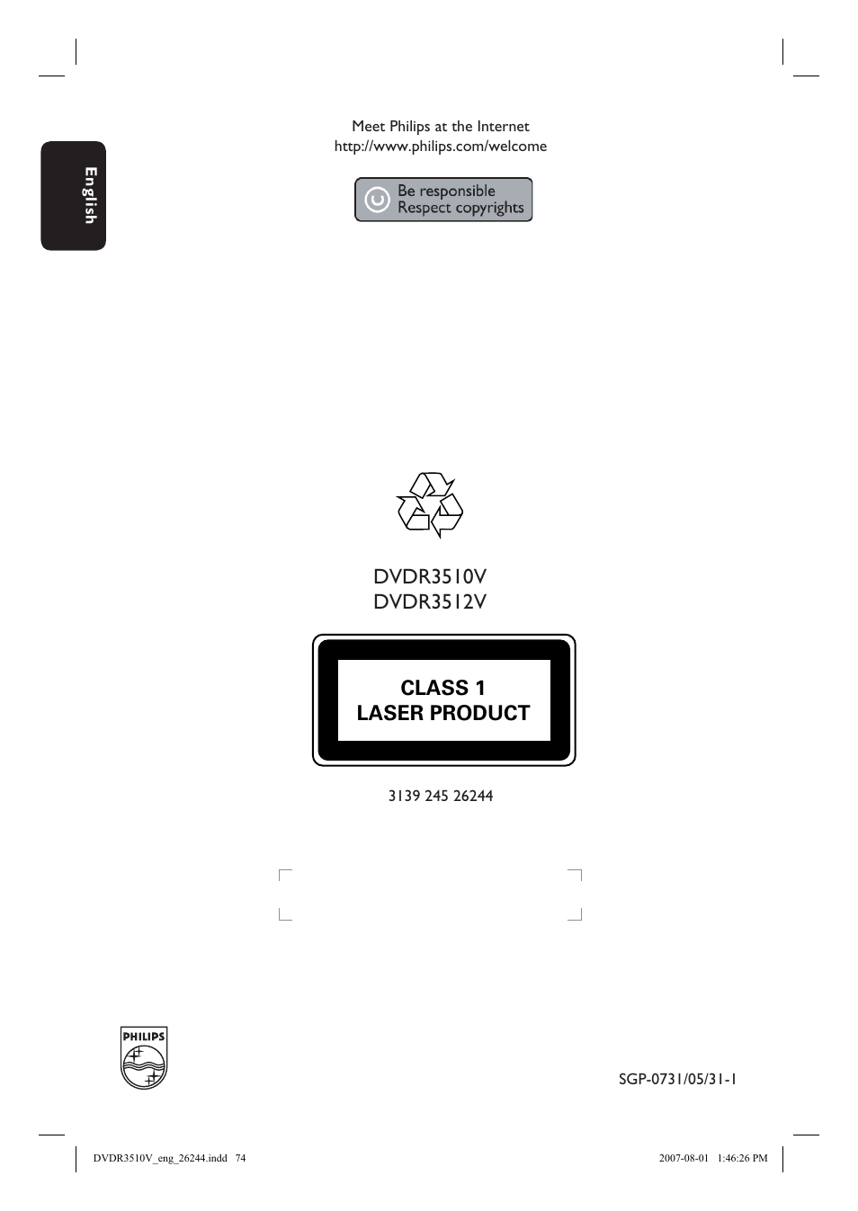 Class 1 laser product | Philips DVDR3512V User Manual | Page 74 / 74
