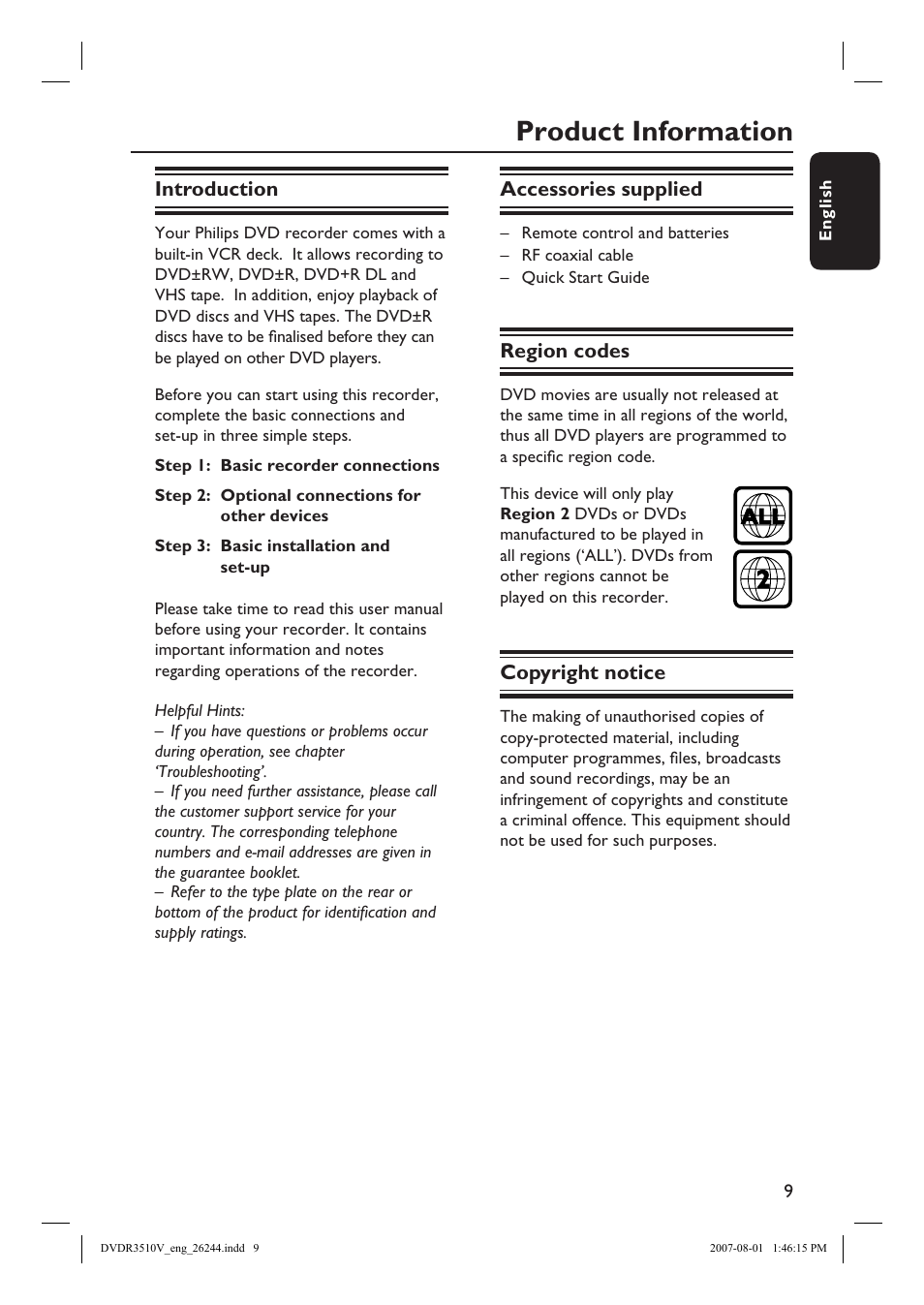 Product information | Philips DVDR3512V User Manual | Page 9 / 74