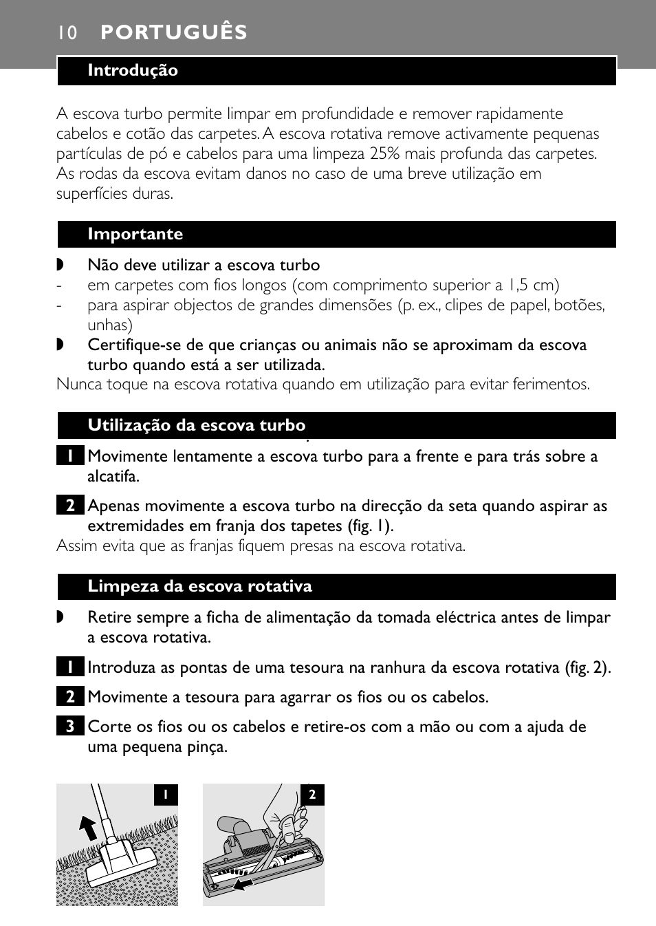 Português | Philips Turbo Nozzle FC8043 User Manual | Page 10 / 44