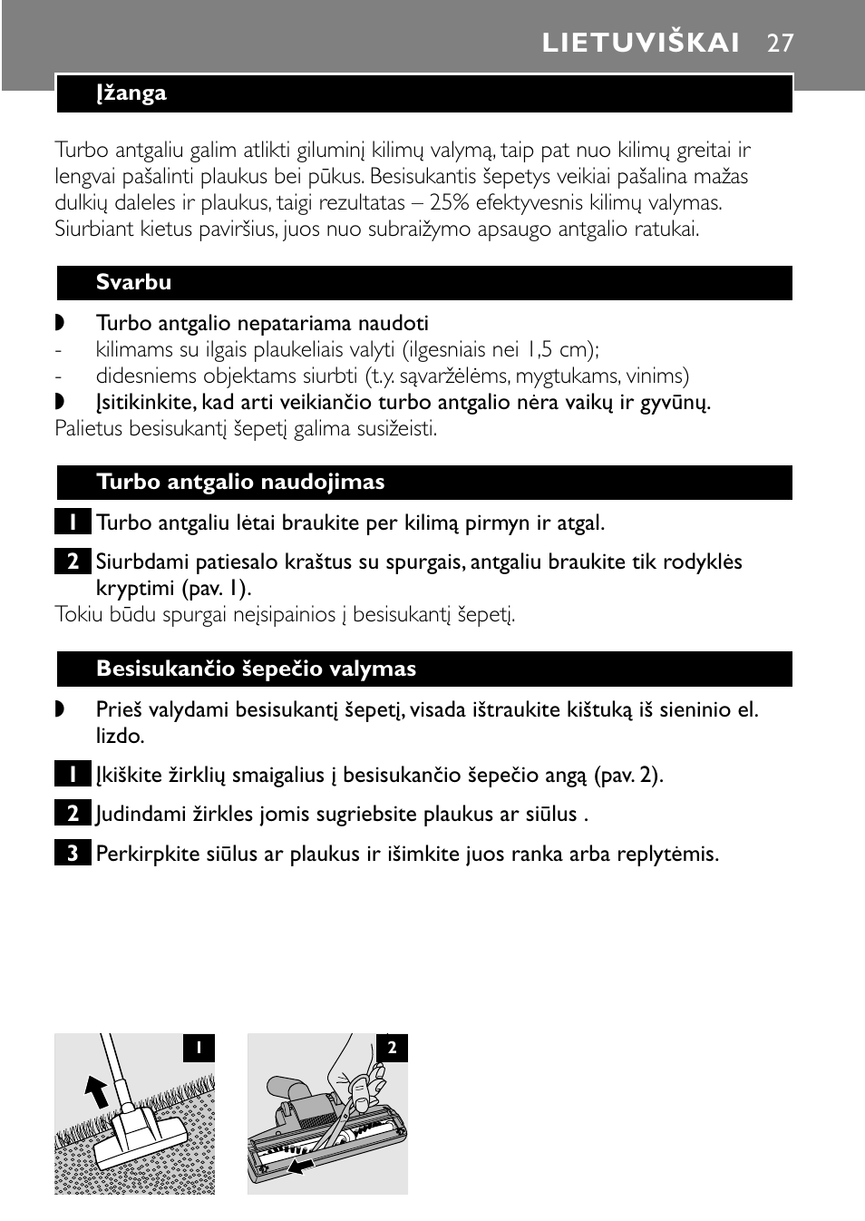 Lietuviškai | Philips Turbo Nozzle FC8043 User Manual | Page 27 / 44