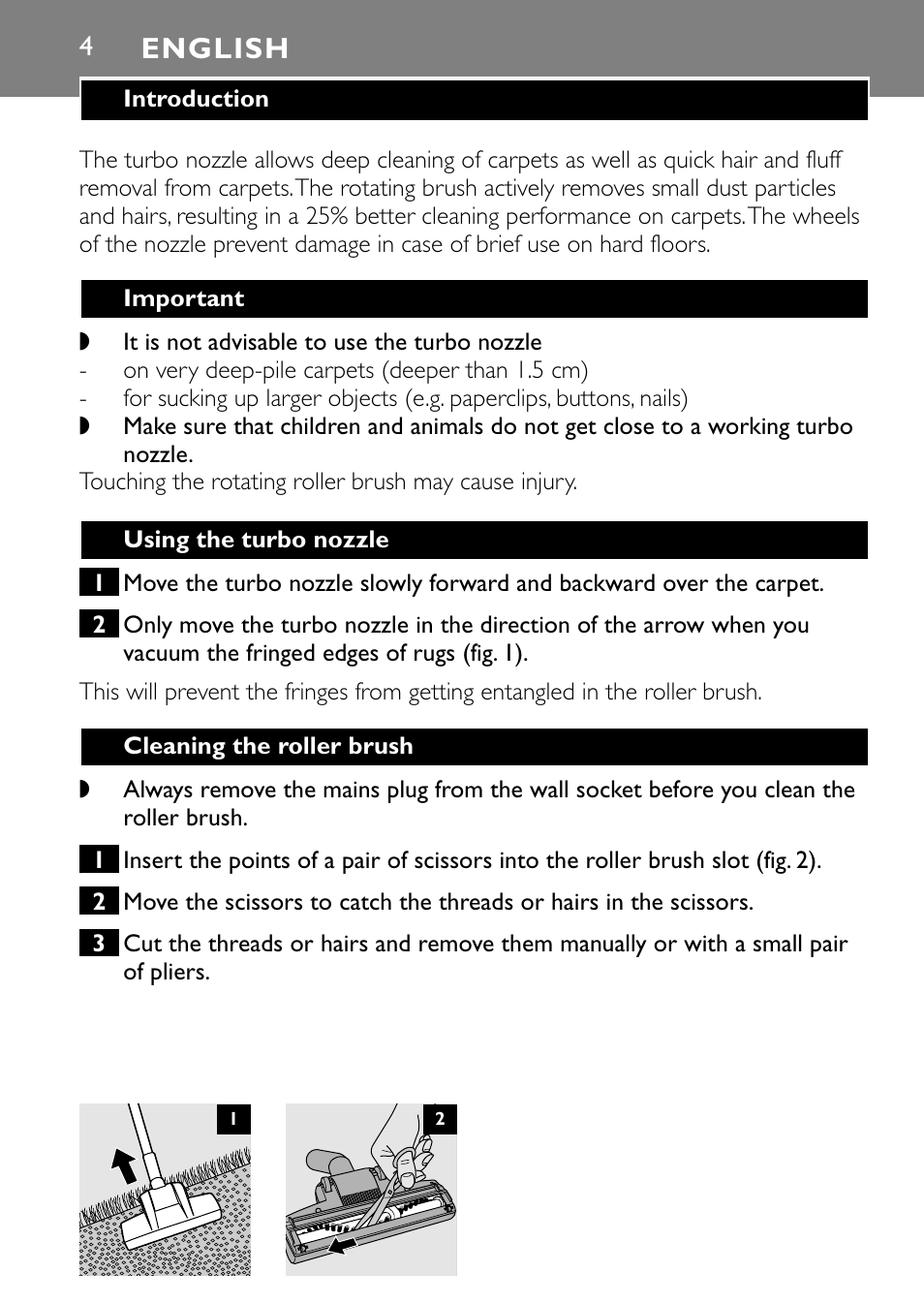 English | Philips Turbo Nozzle FC8043 User Manual | Page 4 / 44