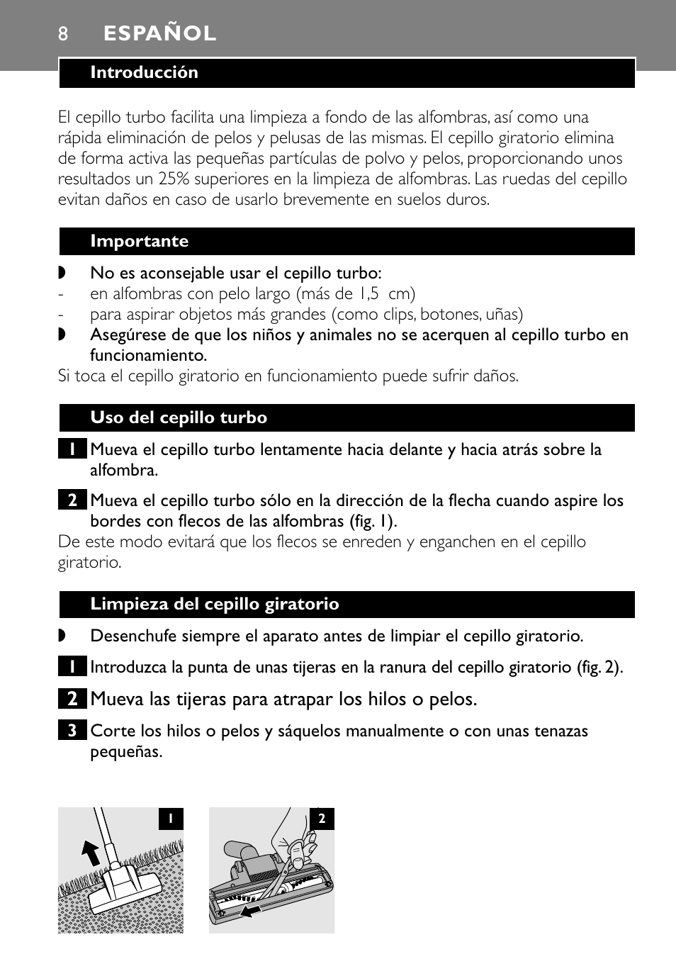 Español | Philips Turbo Nozzle FC8043 User Manual | Page 8 / 44