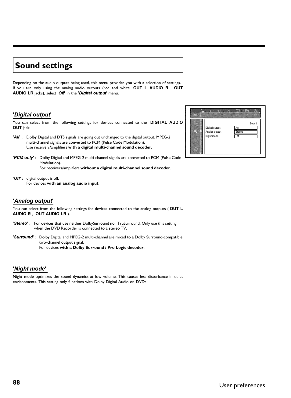 Sound settings, User preferences, Digital output | Analog output, Night mode | Philips DVDR 80 User Manual | Page 100 / 228