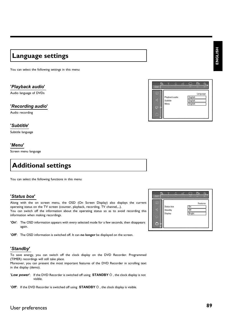 Language settings, Additional settings, User preferences | Playback audio, Recording audio, Subtitle, Menu, Status box, Standby | Philips DVDR 80 User Manual | Page 101 / 228