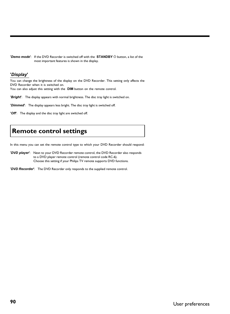 Remote control settings, User preferences | Philips DVDR 80 User Manual | Page 102 / 228