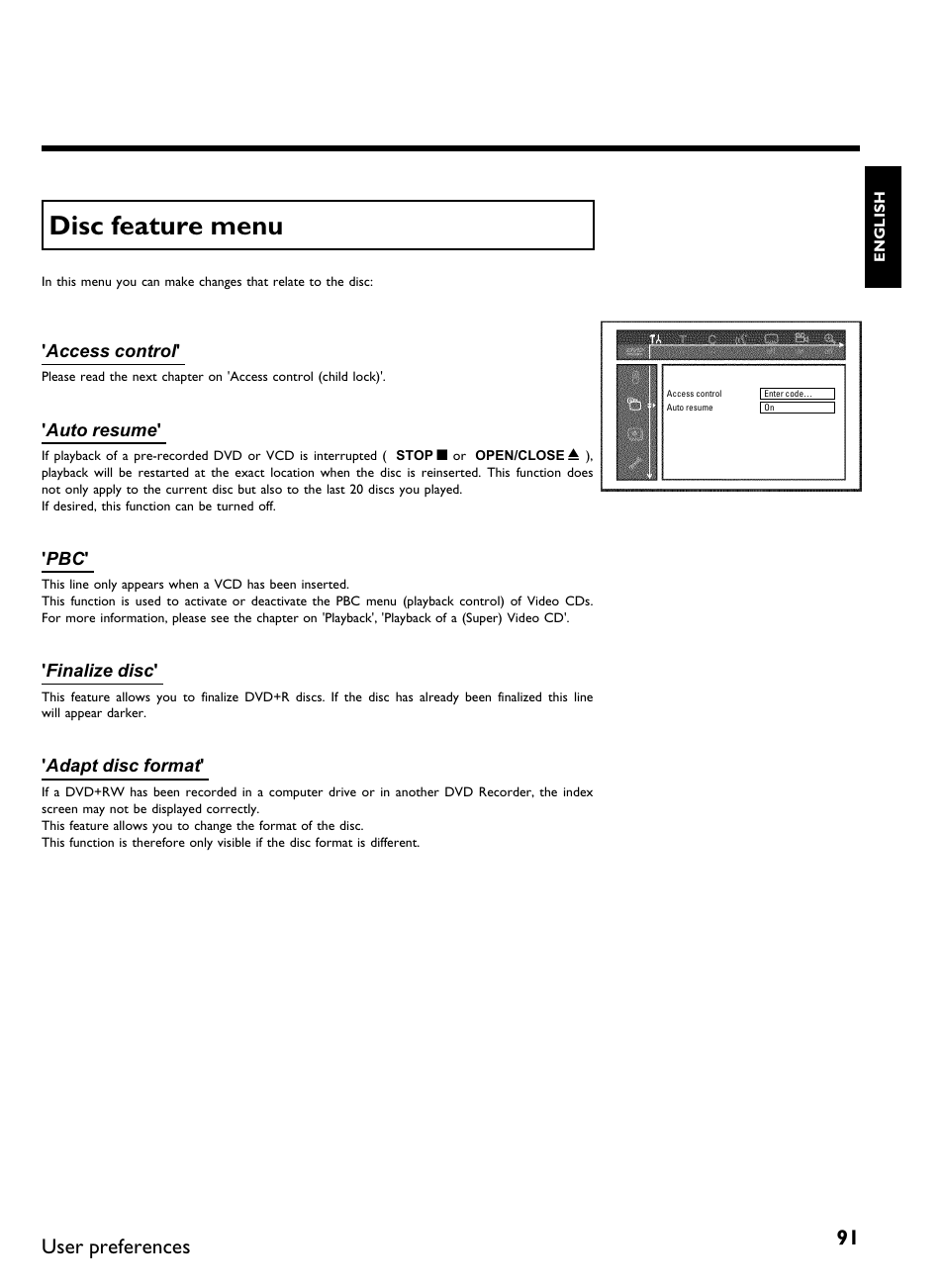 Disc feature menu, User preferences | Philips DVDR 80 User Manual | Page 103 / 228