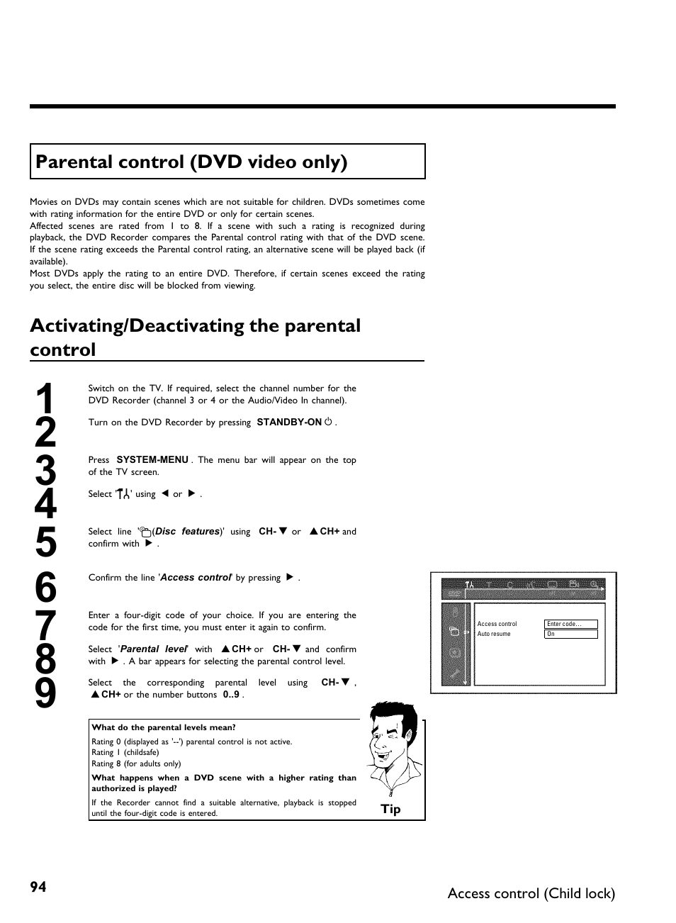 Parental control (dvd video only), Activating/deactivating the parental control | Philips DVDR 80 User Manual | Page 106 / 228