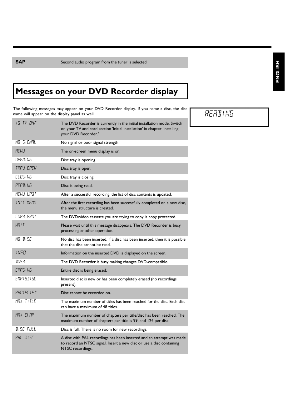 Messages on your dvd recorder display, Reading | Philips DVDR 80 User Manual | Page 11 / 228