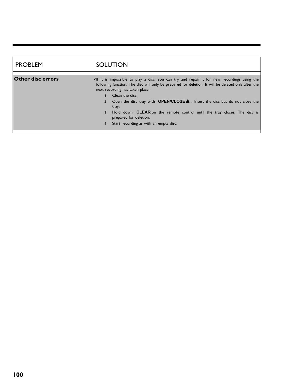 100 problem solution, Other disc errors | Philips DVDR 80 User Manual | Page 112 / 228