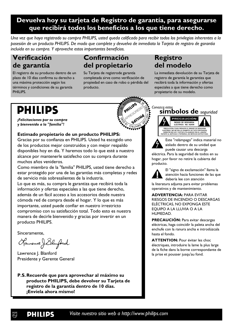 Verificación de garantía, Confirmación del propietario, Registro del modelo | Símbolos de | Philips DVDR 80 User Manual | Page 113 / 228