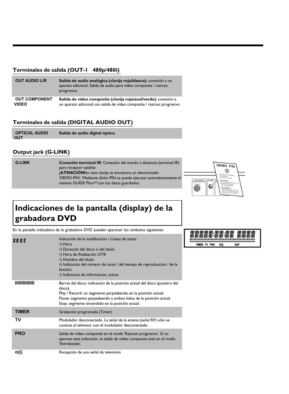 Terminales de salida (digital audio out), Output jack (g link) | Philips DVDR 80 User Manual | Page 120 / 228