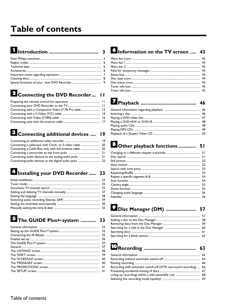 Table of contents a, Introduction 3, Connecting the dvd recorder 11 | Connecting additional devices 19, Installing your dvd recorder 23, The guide plus, System 33, Information on the tv screen 43, Playback 46, Other playback functions 51 | Philips DVDR 80 User Manual | Page 13 / 228