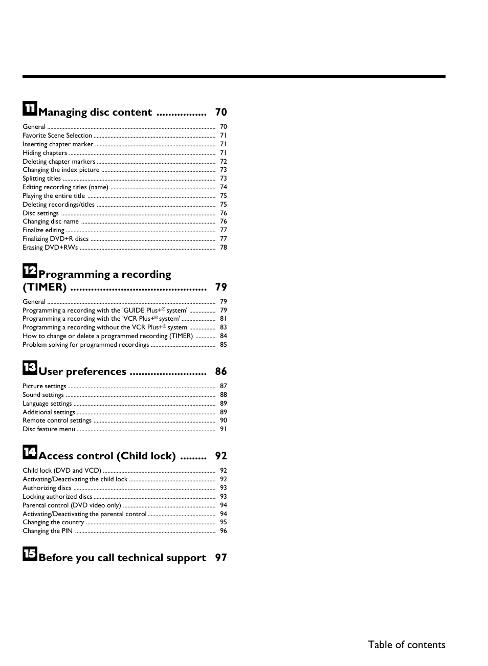 Managing disc content 70, Programming a recording (timer) 79, User preferences 86 | Access control (child lock) 92 | Philips DVDR 80 User Manual | Page 14 / 228