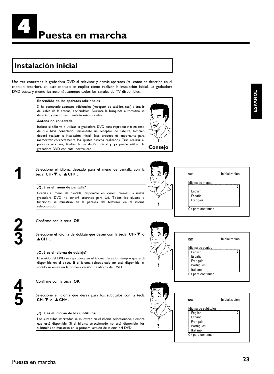 Puesta en marcha, Instalación inicial | Philips DVDR 80 User Manual | Page 145 / 228