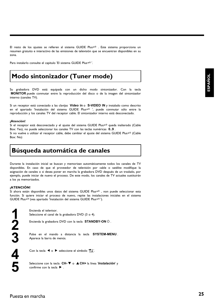 Modo sintonizador (tuner mode), Búsqueda automática de canales, Puesta en marcha | Philips DVDR 80 User Manual | Page 147 / 228