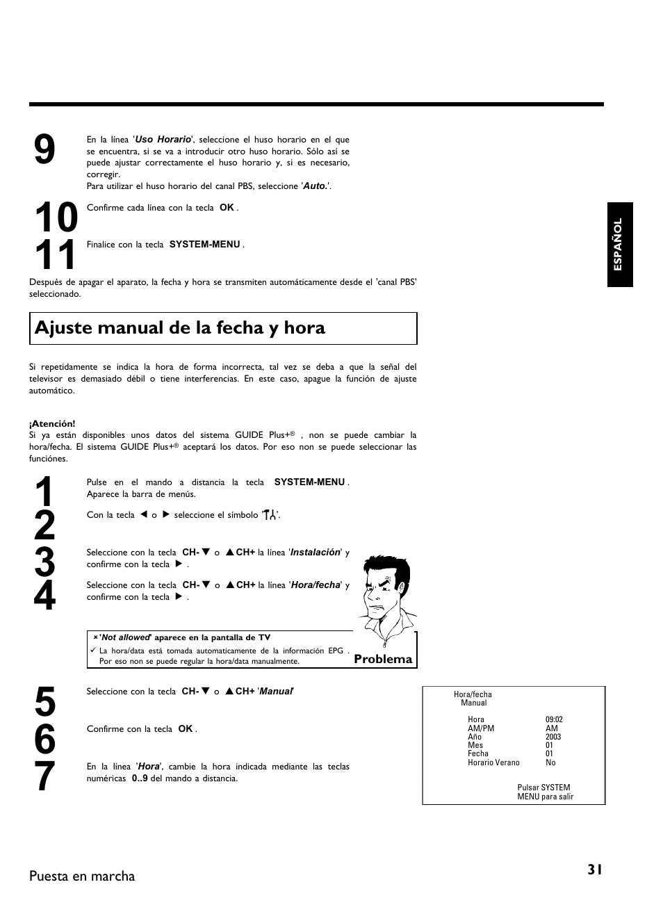 Ajuste manual de la fecha y hora | Philips DVDR 80 User Manual | Page 153 / 228