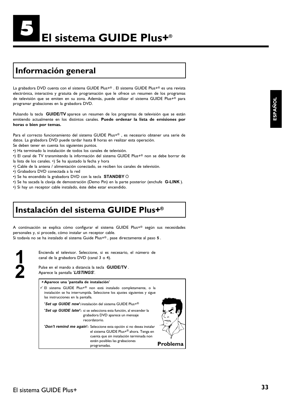 El sistema guide plus, Información general, Instalación del sistema guide plus | Philips DVDR 80 User Manual | Page 155 / 228