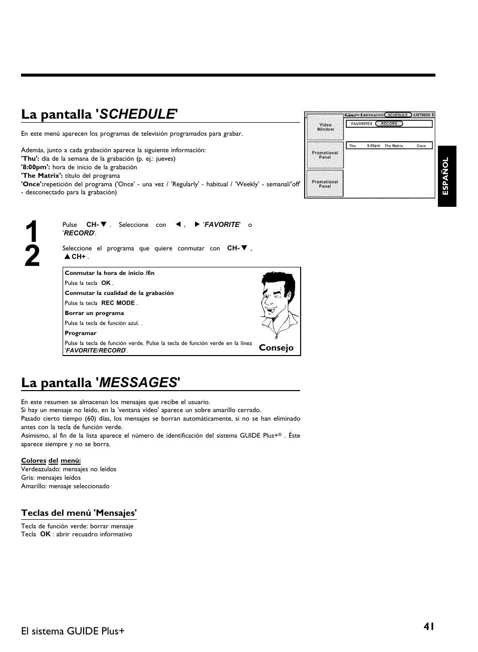 La pantalla ' schedule, La pantalla ' messages, El sistema guide plus | Philips DVDR 80 User Manual | Page 163 / 228