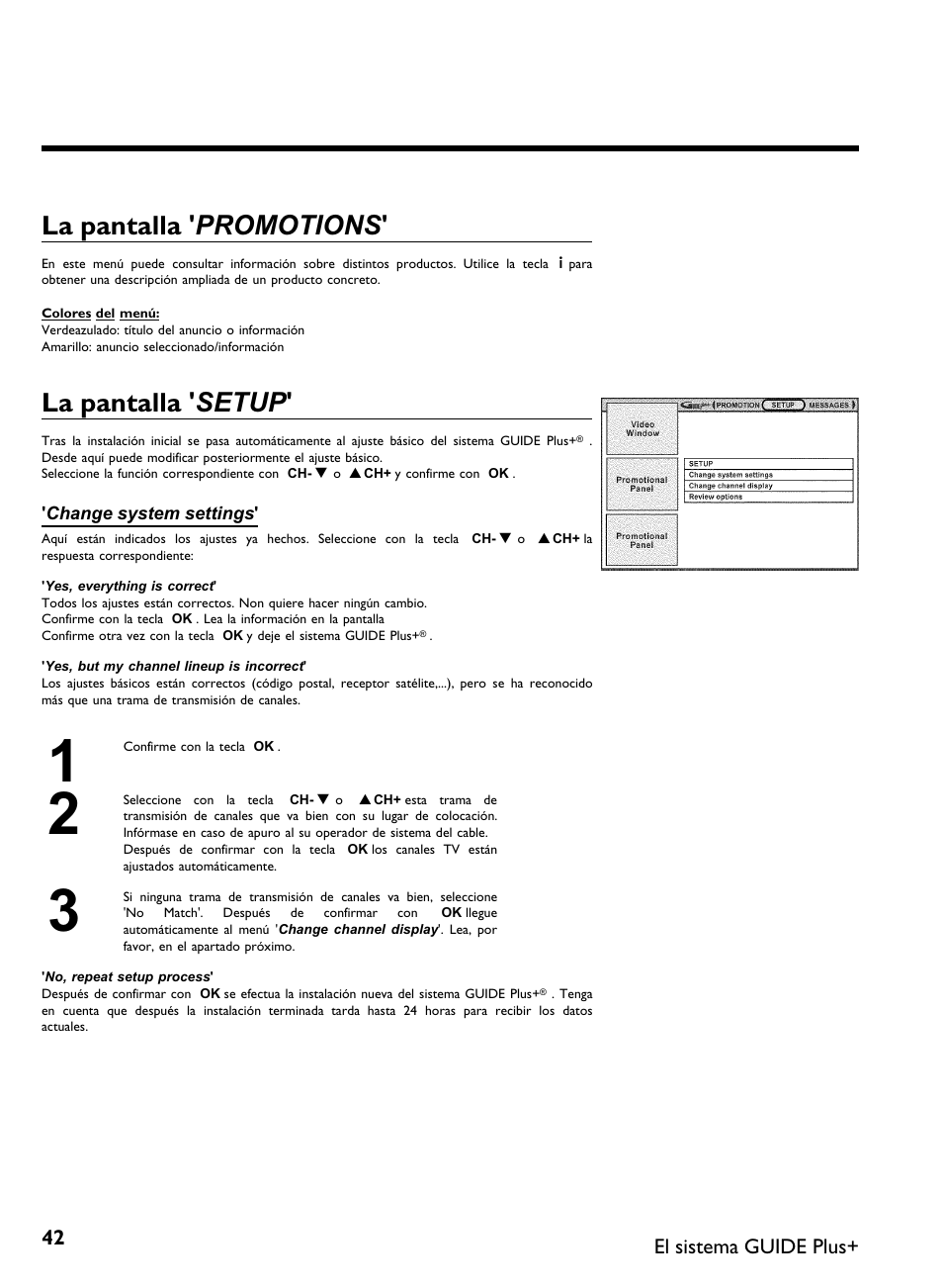 La pantalla ' promotions, La pantalla ' setup, El sistema guide plus | Philips DVDR 80 User Manual | Page 164 / 228