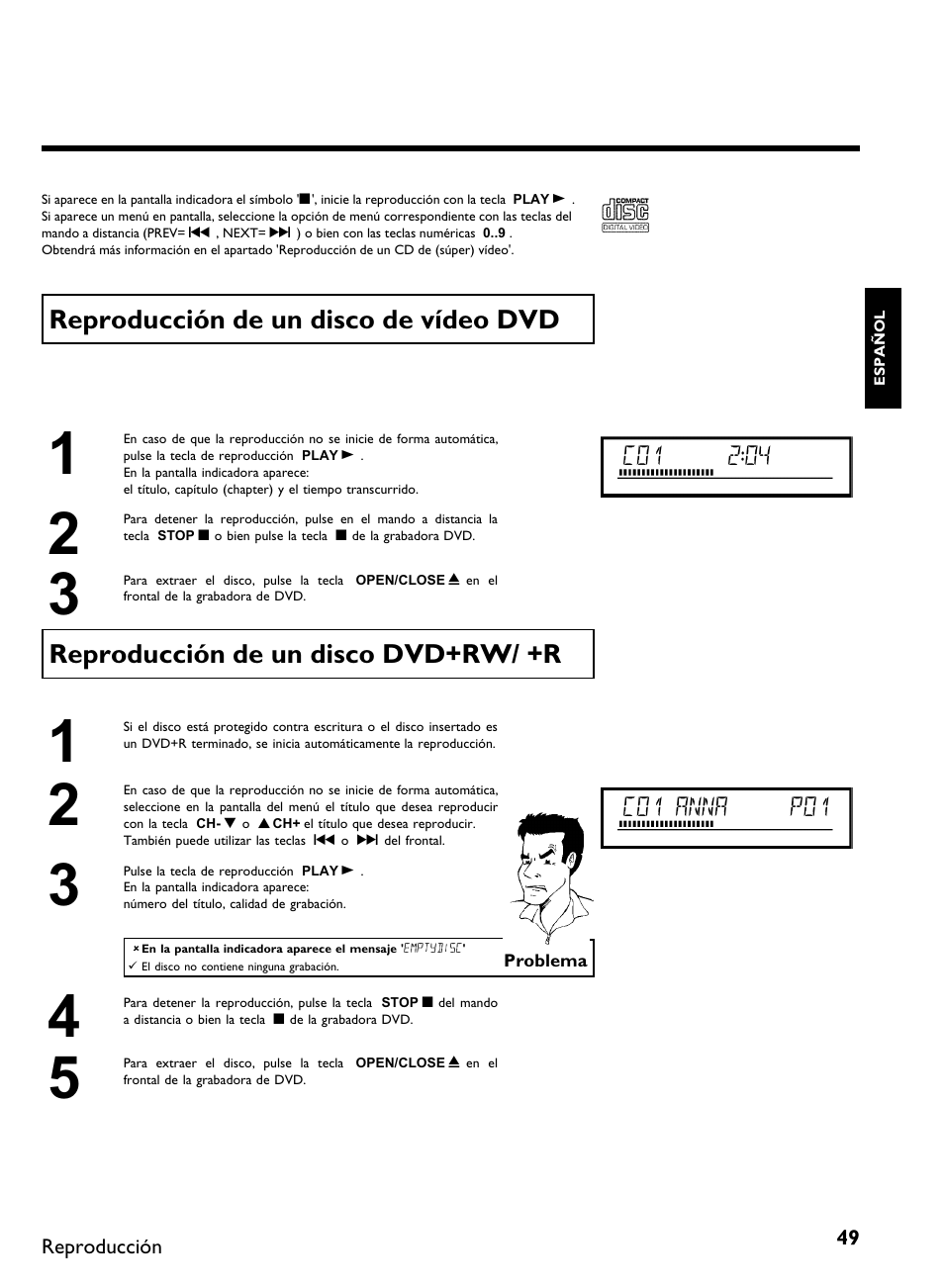 Reproducción de un disco de vídeo dvd, Reproducción de un disco dvd+rw/ +r | Philips DVDR 80 User Manual | Page 171 / 228