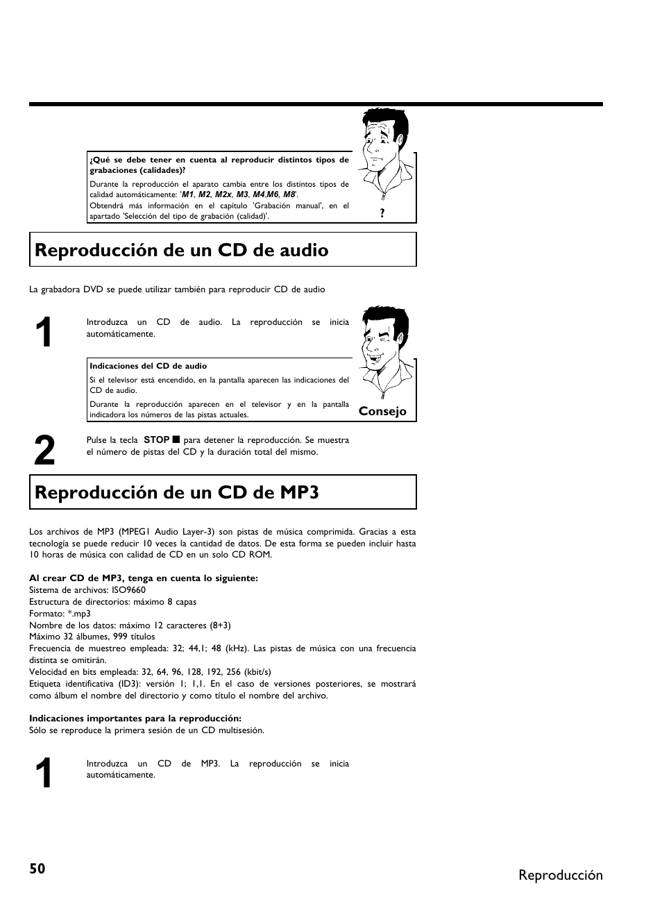 Reproducción de un cd de audio, Reproducción de un cd de mp3 | Philips DVDR 80 User Manual | Page 172 / 228