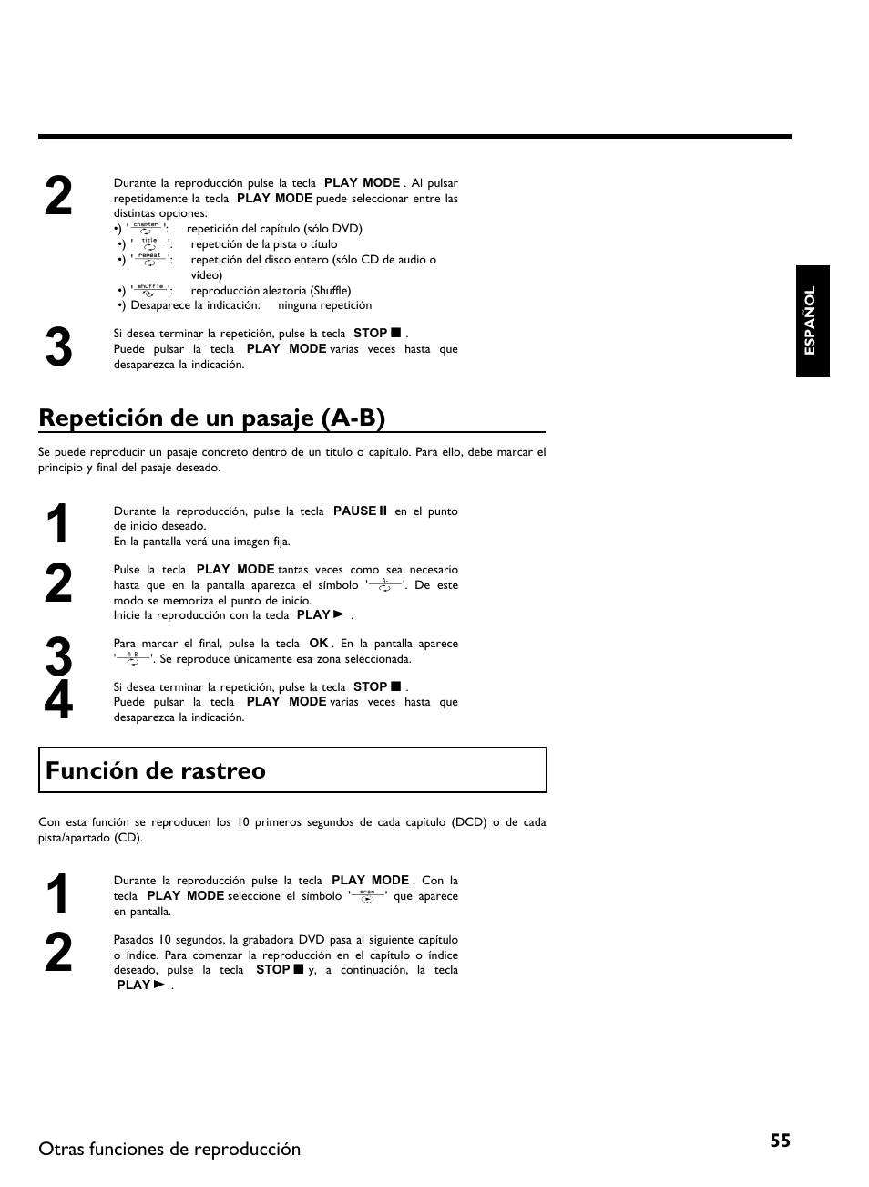 Repetición de un pasaje (a b), Función de rastreo | Philips DVDR 80 User Manual | Page 177 / 228