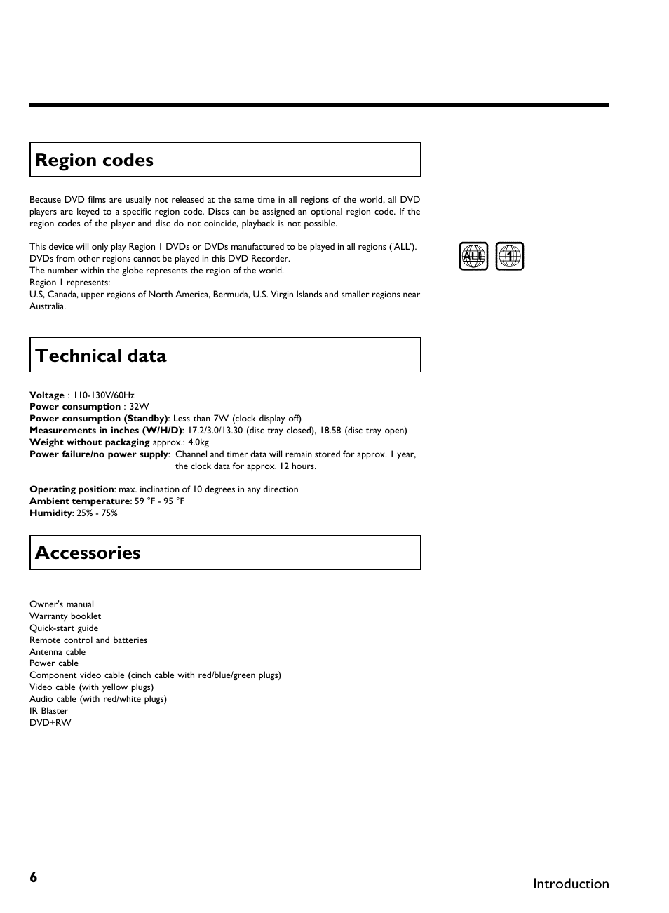 Region codes, Technical data, Accessories | Philips DVDR 80 User Manual | Page 18 / 228