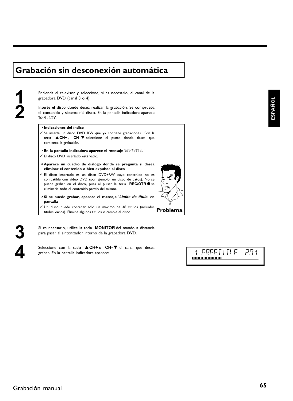 Grabación sin desconexión automática, 1 freetitle p01 | Philips DVDR 80 User Manual | Page 187 / 228