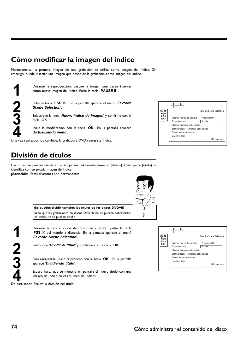 Cómo modificar la imagen del índice, División de títulos | Philips DVDR 80 User Manual | Page 196 / 228