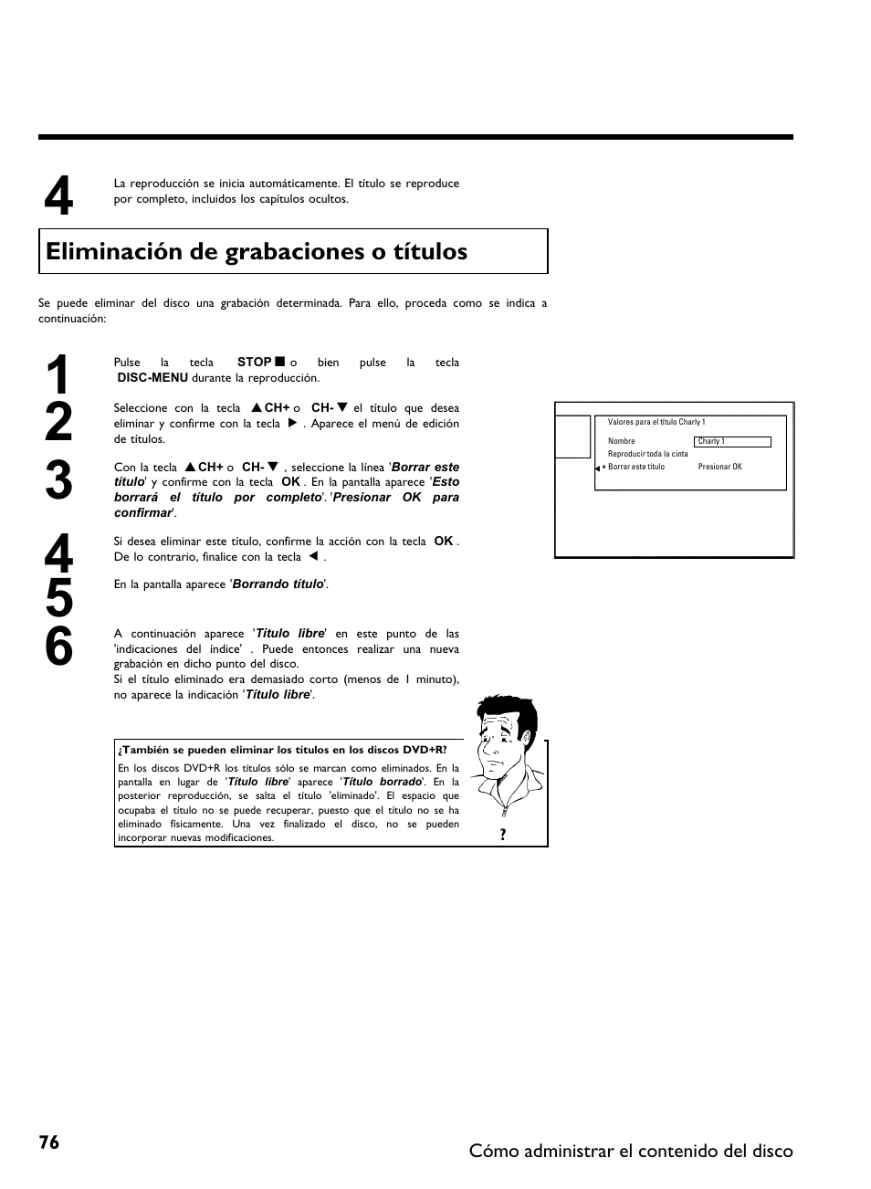 Eliminación de grabaciones o títulos | Philips DVDR 80 User Manual | Page 198 / 228