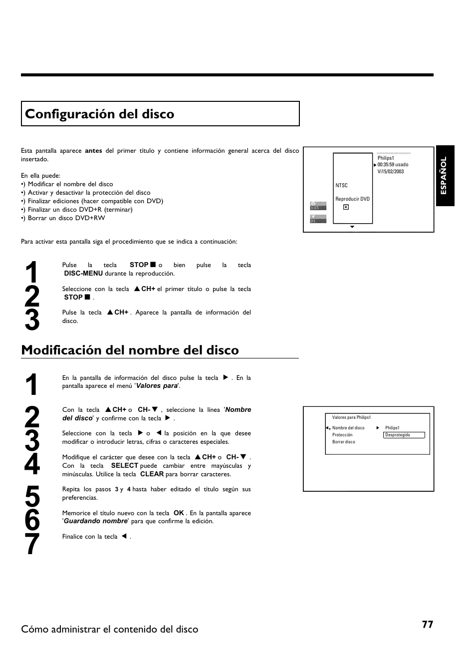 Configuración del disco, Modificación del nombre del disco | Philips DVDR 80 User Manual | Page 199 / 228